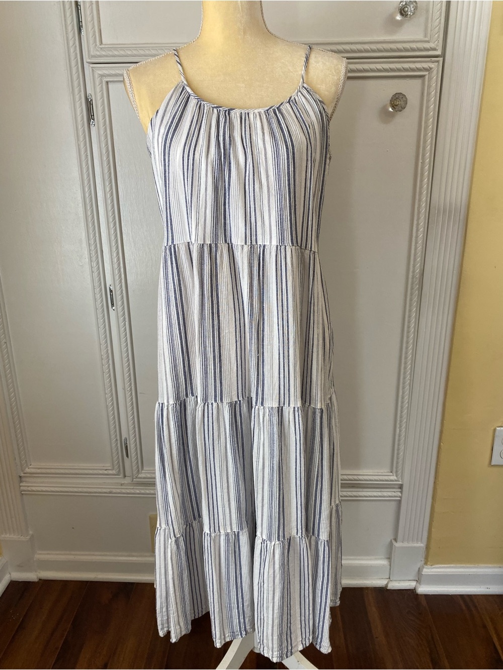 Express Blue and White Striped Midi Tiered Dress